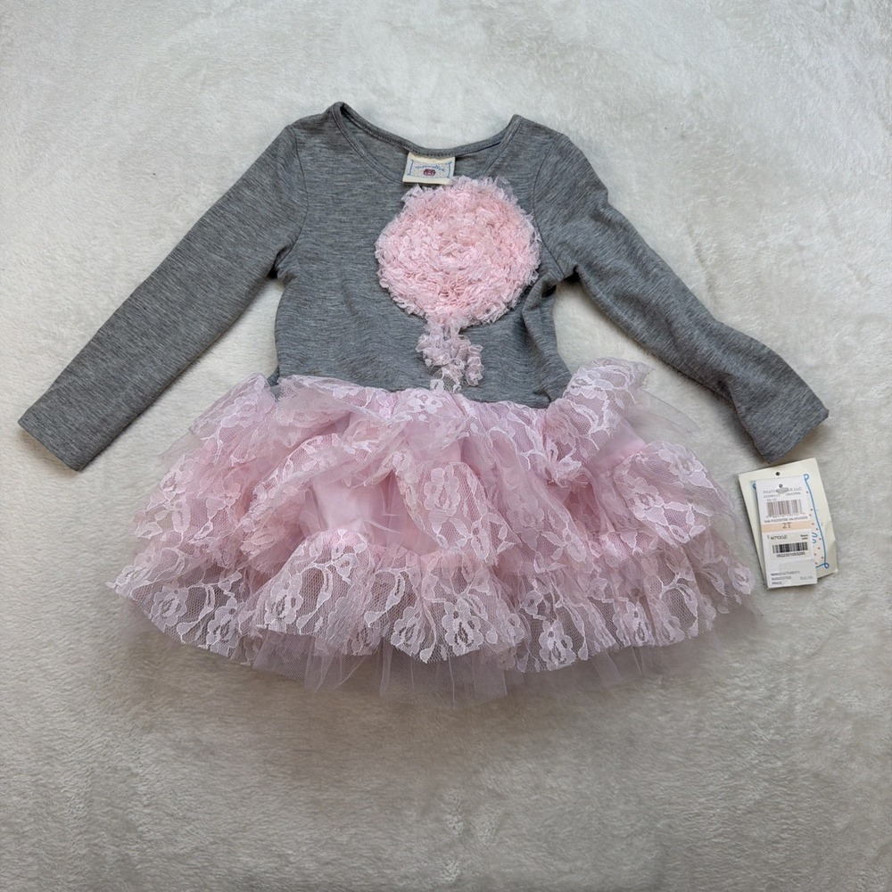 Marmellata Girls Party Dress 2T Gray Pink Tutu Floral Applique Birthday NWT